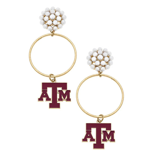 Texas A&M Aggies Pearl Cluster Drop Hoop Earrings