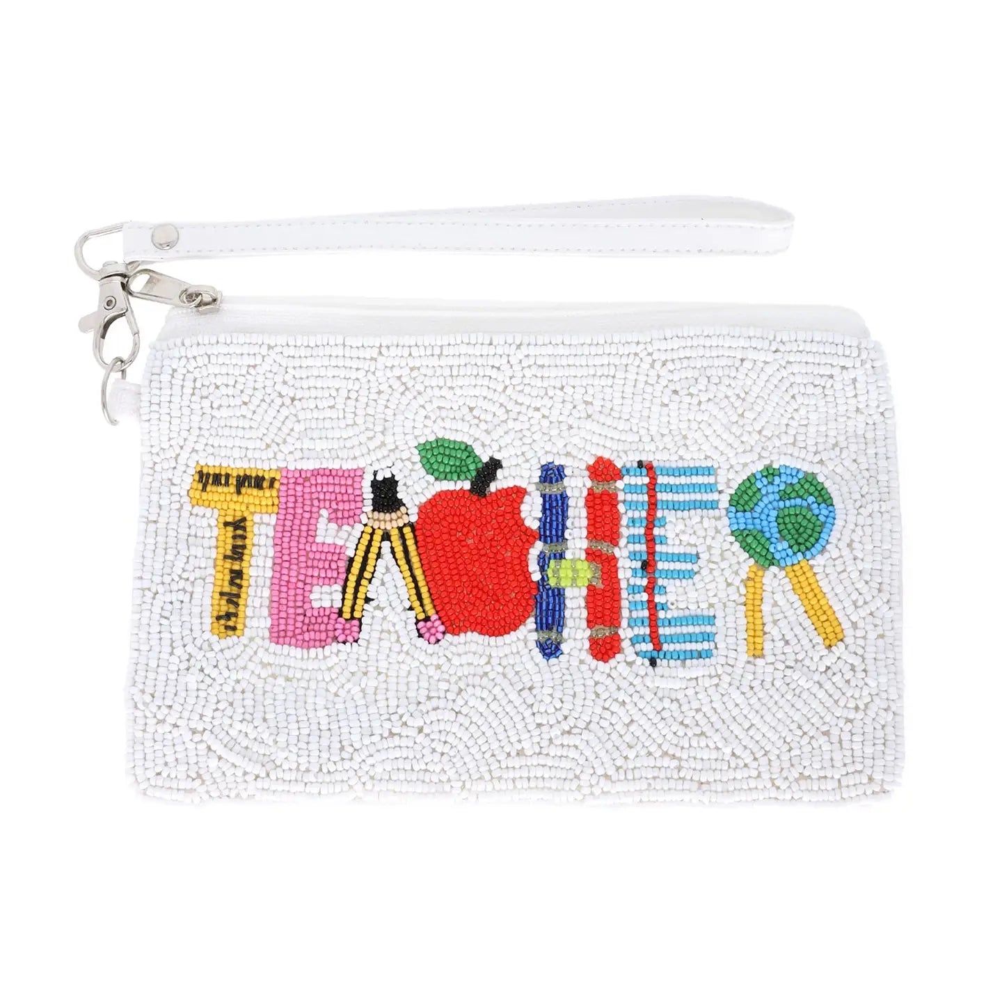 Teacher Appreciation Beaded Wristlet Pouch - White